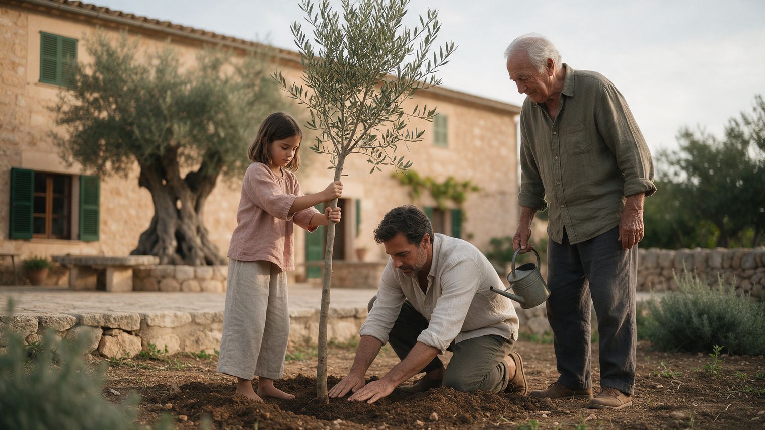 Drei Generationen pflanzen einen Olivenbaum vor einem Haus auf Mallorca