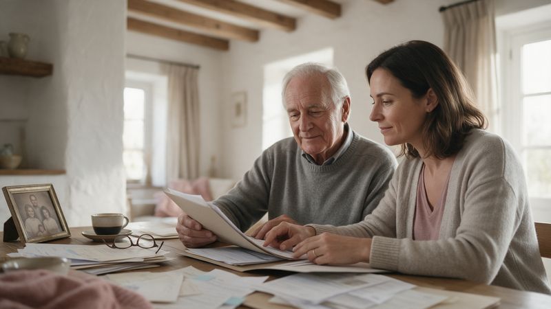 Vater und Tochter sehen gemeinsam Unterlagen durch
